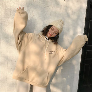 Wanita Sweater Berkerudung Lengan Panjang Korea Warna Solid Longgar Huruf Dicetak Hoodie