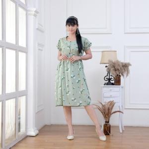 Cherry Dress Pendek Selutut Busui Panjang Wanita/ Home Dress Kasual Panjang dgn Kancing Hidup