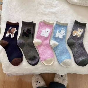 5Pairs Cute Puppy Socks Winter Thicken Warm Fluffy Dog Design Mid Calf Socks Retro Plush College Stockings for Girls