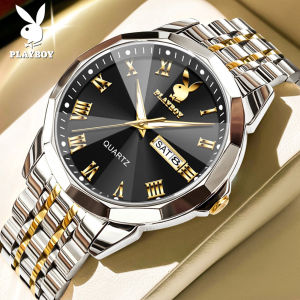 PLAYBOY New Style Watch For Men Waterproof Original Brand Stainless steel strap Casual Luminous Date Business Quartz Watches
