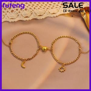 fufeng 2PCS Stainless Steel Non-fading Hip-hop Hand Chain Love Magnet Sun Moon Bracelet For Couple Girlfriend Simple Hand Jewelry