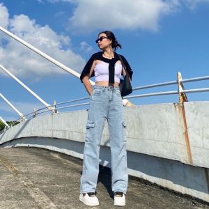 Celana Highwaist Cargo Jeans Loose Wanita Kulot Celana Panjang