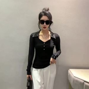 Ammin 2024 mùa xuân lưới áo thun ôm Màu Trơn Ôm Tay Dài Áo thun nữ phong cách Hàn Quốc Đính CườM Cổ Chữ V giản dị thoải mái Áo Blouse thanh lịch