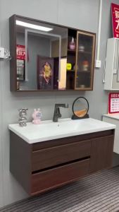 R Solid Wood Bathroom Cabinet with Integrated Ceramic Wash Basin Cabinet Combination for Bathroom Vanity