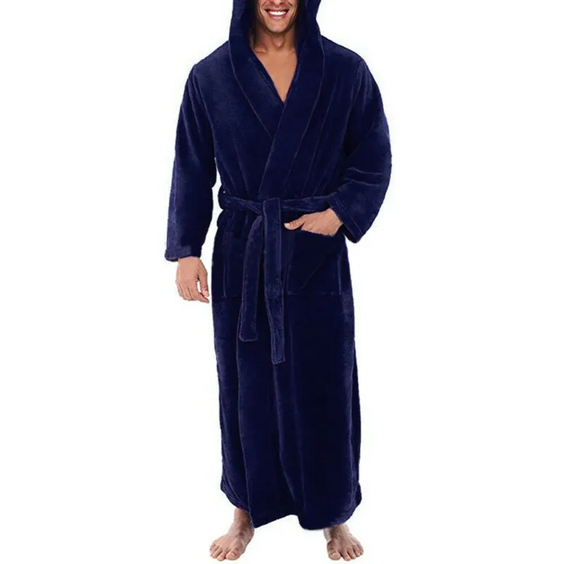 Mens Fleece Soft Long Sleeve Lounge Bath Robe Hoody Dressing Gown Full  Length