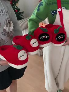 WY-XIXITIAO Warm Home Comfortable Womens Cute Red Apple Kitten Cotton Slippers Soft and Adorable Winter Cartoon Furry Shoes