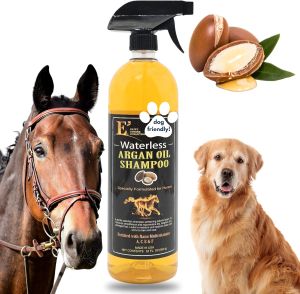 E3 Waterless Argan Oil Shampoo for Horses - Convinient Care for Mane & Tail Effortless Application Nourishes Hair & Skin Versatile use Time-Saving Solution Amazing Smell 32 oz