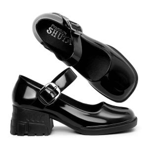 New Womens fashionable glossy black shoes Korean style round toe rubber non-slip black shoes 6CM thick sole suitable for work and school waterproof material all seasons stylish black shoes for wearing outside 0115523