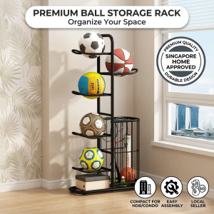 Multi-Tier Ball Storage Rack | Space-Saving Vertical Sports Organizer for Basketball/Football/Volleyball