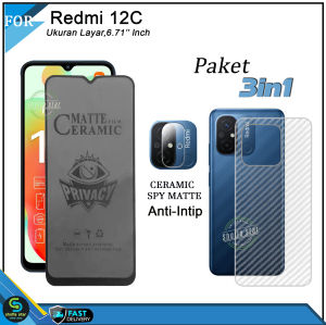 PAKET 3IN1 Anti Gores Ceramic Privacy Xiaomi Redmi 12C Anti Spy Full Cover