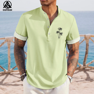 【Oufisun】Mens Hawaiian Shirt Coconut Tree Tropical Plants Stand Collar Shirt Short Sleeve Hawaiian Vacation Casual Summer Mandarin Collar Band Collar