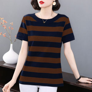 TTQQ Short Sleeve T-shirt Womens Striped Loose Slim Top