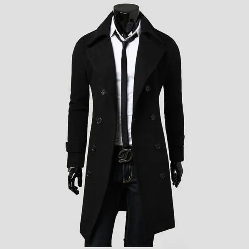 Men Winter Warm Trench Coat Double Breasted Long Jacket Peacoat