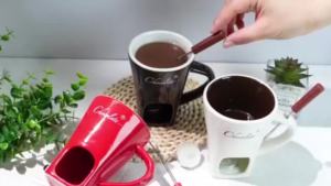 Chocolate Fondue Mug with Forks Chocolate Melting Cup Ceramic Butter Warmers Pot Set Personal Cheese Melting Cup Fondue Heated with a Tealight Warmer Mug for Candy Snack Caramel Party (Coffe)