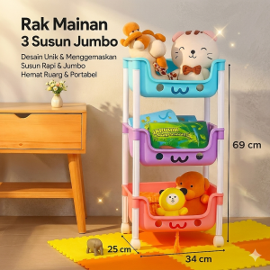 RAK MAINAN ANAK Buku Sepatu Boneka Bumbu Baju 3 tingkat kosmetik serbaguna Rack Troley lucu