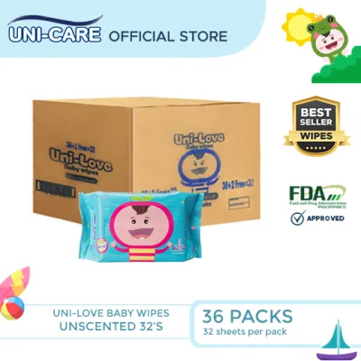 UniLove Unscented Baby Wipes 32s Pack of 36 (1 Case) - 99% Water| Hypoallergenic | Alcohol Free | No harmful chemicals | with Aloe Vera | Safe & Gentle | FDA Approved