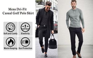 Mens Solid Color Quick Dry Golf Polo Shirts Casual Athletic Stretch Sports Contrast Collar Long sleeve Polo Collared T-Shirts