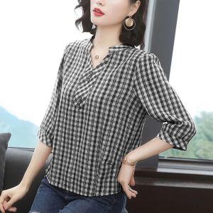 Korean Version Plaid Shirt Womens Middle Sleeves Fashion Trend New Loose Large Size Top V-neck Blouse TT