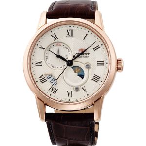Đồng hồ nam Orient Watch Sun And Moon RA-AK000 máy lộ cơ automatic dự trữ năng lượng 40h tích cót tự động và lên cót tay mặt kính cường lực dây da đeo tay cao cấp chính hãng