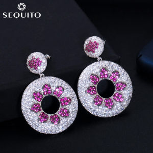 SEQUITO Bông Tai Hình Tròn Lớn In Hoa Quyến Rũ Trang Sức Thả Tròn Lớn Đính Đá Zirconia Khối Lập Phương Siêu Nhỏ Phụ Kiện Vũ Hội SE311