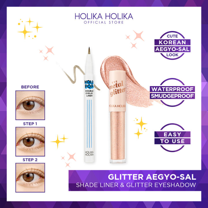 Holika Holika Bundle | Holi Pop Double Eyelid Liner & Eye Metal Glitter | Aegyosal Maker & Glitter Liquid Eyeshadow