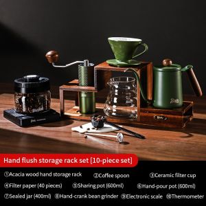 BINCOO Coffee Dripper Set with Filter Cup Coffee Grinder Wood Coffee Hand Brewing Kettle Storage Stand Set Coffee Brewing Set