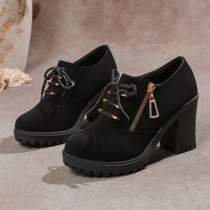 [Free Shipping] New Side-Zip Chunky-Heeled Short-Tube Women’S Retro Round-Toe Plus-Size High-Heeled Fashion Boots With Laces