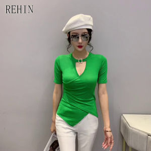 REHIN เสื้อยืดแขนสั้นของผู้หญิงเสื้อเบลาส์ทรงสลิมสไตล์ยุโรปแฟชั่นฤดูร้อนปี S-3XL