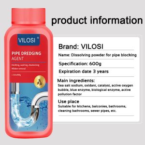 💯Strong Dredge💯 VILOSI Clogged Remover 600g Deodorizing Does Not Hurt The Pipes Dissolves Oily Hair Solutions For Clogged Drains In Bathroom Toilets Kitchen Pipes Sink Drain Cleaner Dredging Agent Powder Tool Powerful Clog Remover ORIGINAL