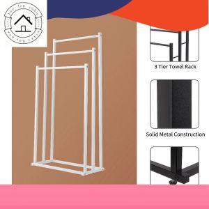 [SG Stock] Metal Floor Towel Rack 3-Tier with Wheels Bathroom Light Luxury Towel Rack Simple Bathtub Bath Towel Storage Rack