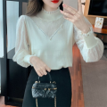 NOWNICE Ren rỗng Áo dài tay Thanh lịch Áo cổ lọ nửa Áo len cơ bản Thời trang Áo sơ mi Phụ nữ. 