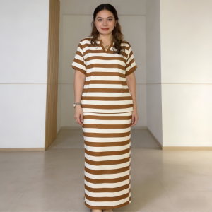 Women Terno Blouse Skirt Casual Suit Stripes V-Neck Classic Daily Life Comfortable PLUS SIZE 2316