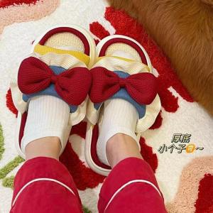 WomenS Outdoor Princess-Style Bowknot Slippers Spring/Summer Thin Thick-Soled Dormitory Non-Slip Linen All-Season Slippers