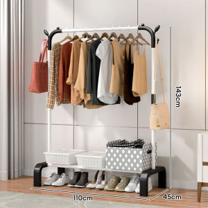 IDEAL รุ่นบาร์คู่ ราวตากผ้า ราวแขวนผ้าบาร์คู่ พร้อมชั้นวางของ พร้อมที่แขวนกางเกง แขวนผ้า + ชั้นวางของ ชั้นเก็บของสองชั้น มีตะขอสำหรับแขวนหมวกและกระเป๋า