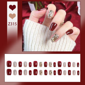 เล็บปลอม DD315 การออกแบบใหม่ ประดับเพชร เล็บปลอมเจลแท้ เล็บปีใหม่สีแดง กันน้ำ กล่องละ 24 ชิ้น