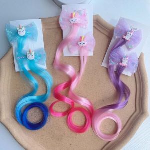STARGOODS 2PCS คลิปหนีบผม กิ๊ปติดผมสาวการ์ตูน น่ารักน่ารักๆ เด็ก Headwear ผ้าโพกศีรษะถักเกลียว อุปกรณ์เสริมผม เจ้าหญิงสำหรับเด็ก วิกผมหลากสียูนิคอร์น เด็กๆเด็กๆ