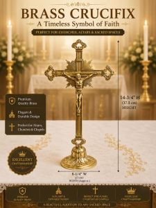 14.75 Inch Solid Brass Catholic Crucifix Standing Cross Polished Brass Church Altar Decor
