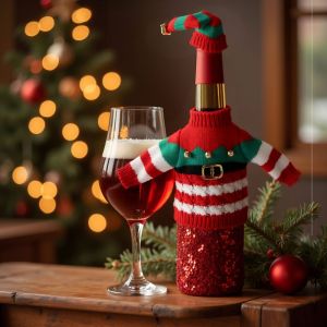 RGFV Handmade Christmas Wine Bottle Cover Creative DIY Christmas Bottle Knitting Dress Christmas Gift Wine Protection Wine Bottle Knitted Sweaters Christmas Party Decor