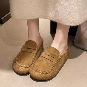 Free Shipping Retro Matte Comfortable Suede Casual Mules For Women 2026 Summer Fashion Lazy Slip-On Sandals With Hidden Heel