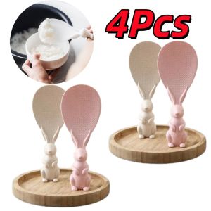 4Pcs Natural Wheat Straw Rabbit Figure Spoon Rice Non Stick Vertical Stand Scoop Rice Soup Sauce Ladle