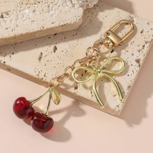  Shiny Alloy Bowknot Cherry Keychain Fruit Creative Bag Charm Car Pendant Gift for Friends Lovers Bag Charm