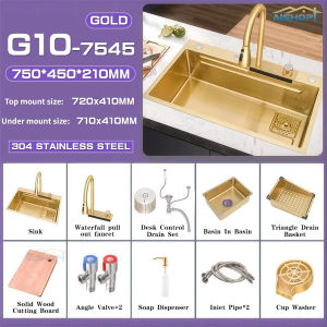 [SG Seller]SUS 304 Stainless Steel Pullout Faucet Tap Gold Waterfall Kitchen Sink  Single Basin Bowl Tank Tap