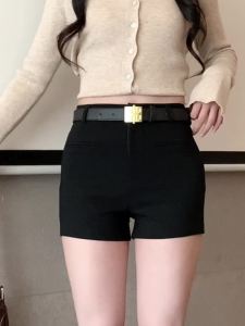 ผลิตภัณฑ์ AMMIN เข็มขัดสไตล์เกาหลี 2024, ปิดเอวกางเกง ขาสั้นยืด ได้รัดรูปสำหรับผู้หญิง กางเกง รูปสีดำ ลูกกระดูม เอวสูง