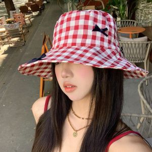 OOG Versatile Hiking Fisherman Hat Sun Protection Small Lattice Drawstring Sun Hat Fashion Sunshade Plaid Hiking Cap Famale