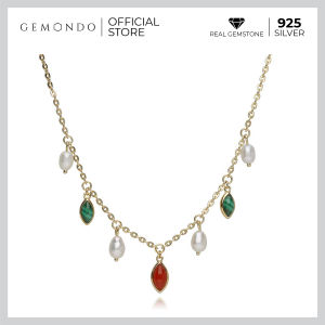 Gemondo สร้อยคอเงินแท้ 925 ชุบทอง 18K ประดับคอร์นีเลียน  มาลาไคต์  และไข่มุก ปรับ 3 ระดับ 4143และ45 cm