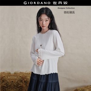Giordano Women Lettuce trim crewneck long sleeve tee Free Shipping 18326631