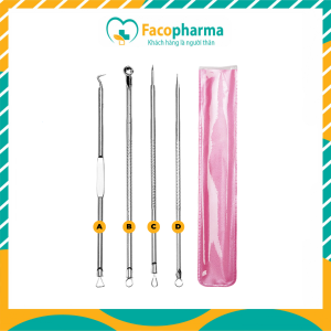 Dụng cụ nặn mụn set 4 món giúp lấy nhân mụn nặn mụn đầu đen với 2 đầu thép không gỉ độ bền cao an toàn cho da