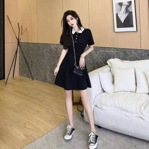 IELGY Đầm Polo Cổ Áo Màu Đen Phong Cách Hepburn Cho Nữ