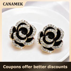 【 CANAMEK 】 Temperament Elegant Black Camellia Stud Earrings For Women Girls Fashion Zircon Flowers Earrings Jewelry Accessories Gifts