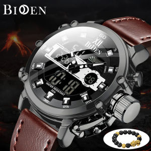 BIDEN Jam Tangan Pria Olahraga Militer Analog Pria Olahraga Multi Fungsi Pria Dial S Anti Air Atas Bisnis Jam Tangan Chronograph Gelang Kulit Tahan Air Jam LED